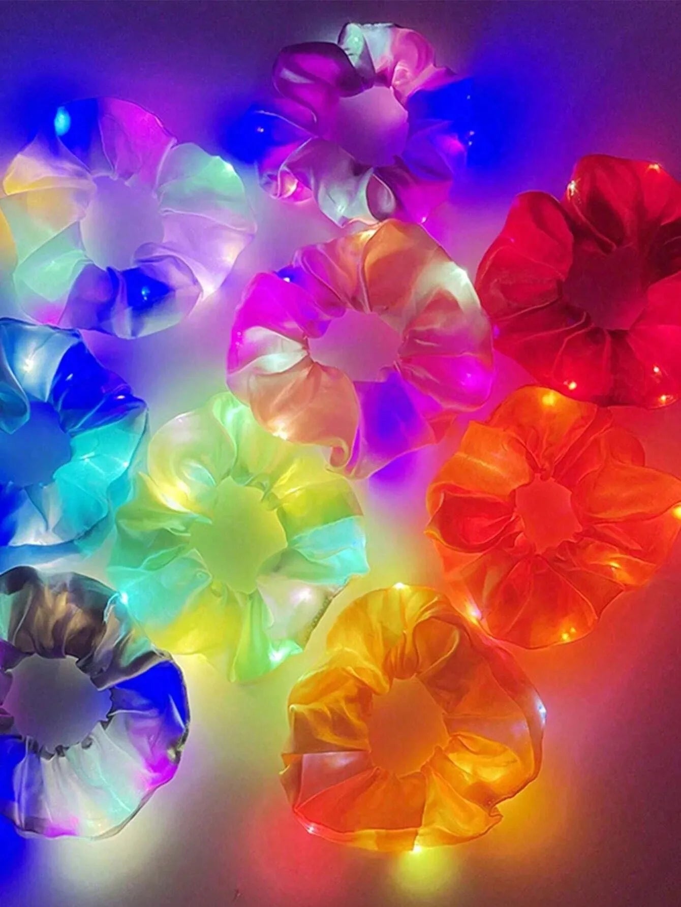 10pc LED Light Up Hair Scrunchie - Elastic Satin Party Ponytail Holder - lily supply