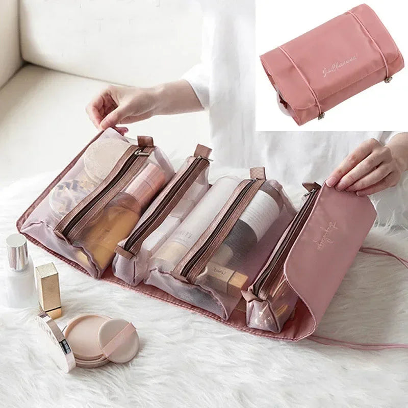 Travel makeup bag, large capacity women's makeup bag, waterproof portable bag open flat wash bag, with divider and handle