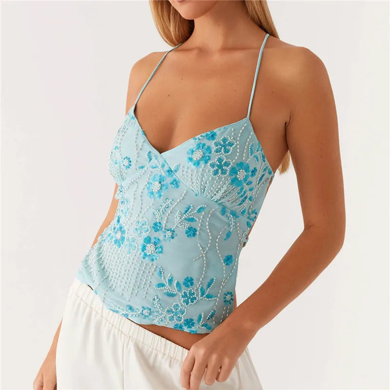 Women's Y2K Sequin Pearl Halter Crop Top