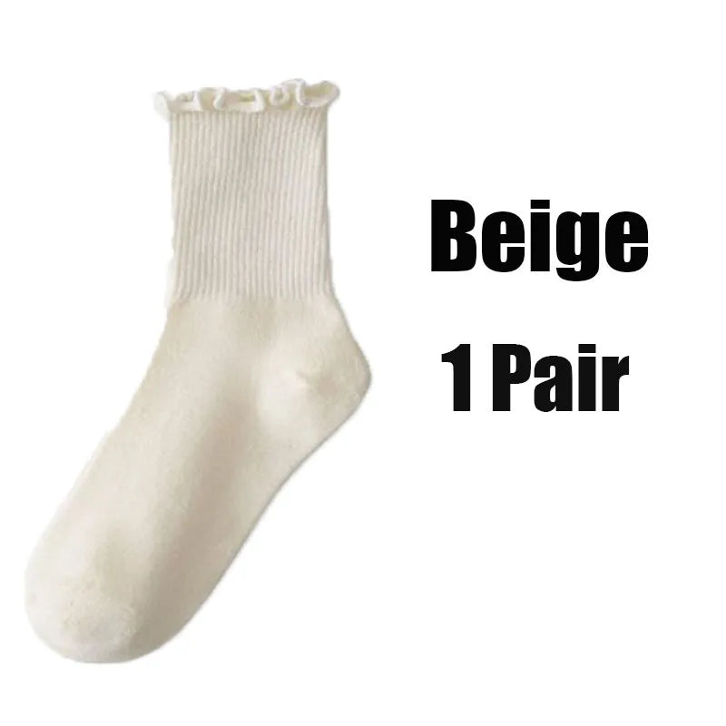 Women's Ruffle Mid Tube Ankle Socks - Breathable Cotton Black White Beige