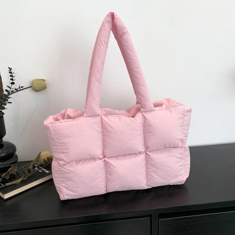 Women Tote Handbags Quilted Plaid Bag Retro Trendy Checkered Waterproof Shoulder Bag Solid Color Winter Soft Large Capacity Bags