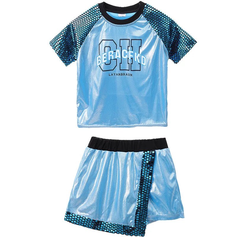 Girls Hip Hop Shine T-shirt Street Dance Skirts Boys Tee Silver Shorts Clothes Sets Kids Jazz Outfits Child Summer Streetwear - lily supply