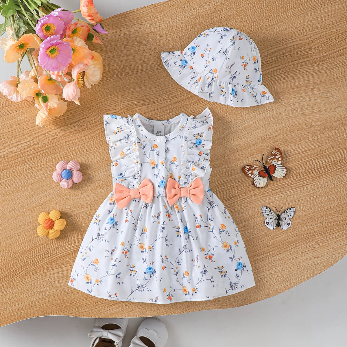 Baby Girl Casual Dress with Hat – Round Neck Ruffled Bow Set