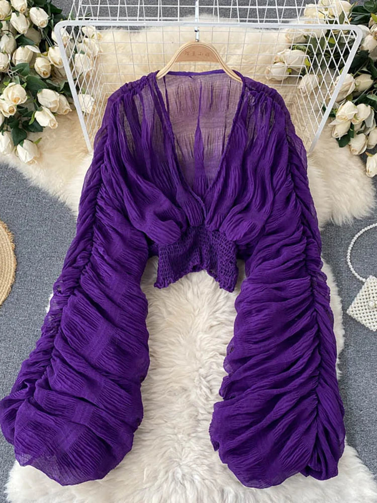 Women's Draped Chiffon Puff Sleeve Blouse