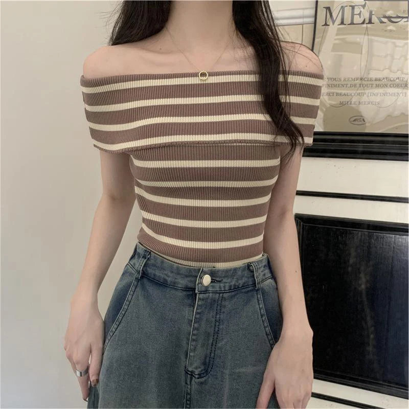 Women's Striped Knitted T-Shirt - Sexy Off Shoulder Short Sleeve Slim