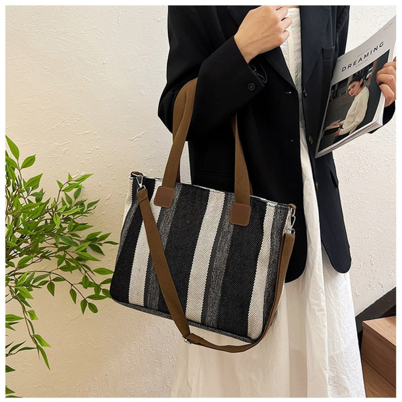 Women's Striped Canvas Crossbody Shoulder Bag - Large Tote 2023