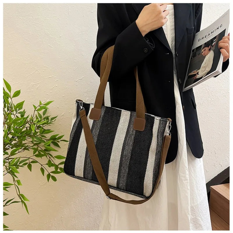 Women's Striped Canvas Crossbody Shoulder Bag - Large Tote 2023