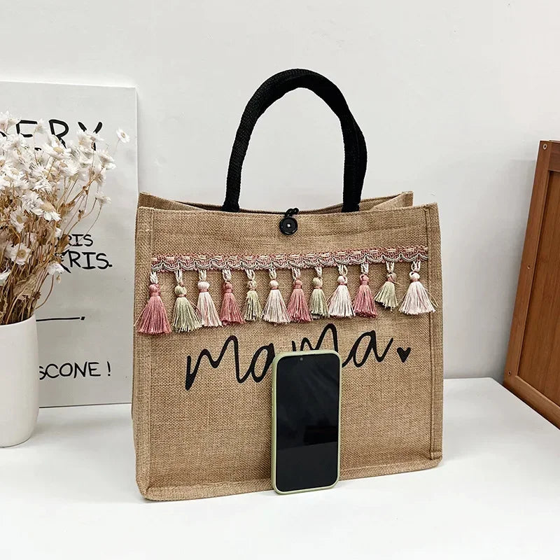 Mama Letter Print Linen Tote Bag - Large Capacity Baby Diaper Shoulder Bag