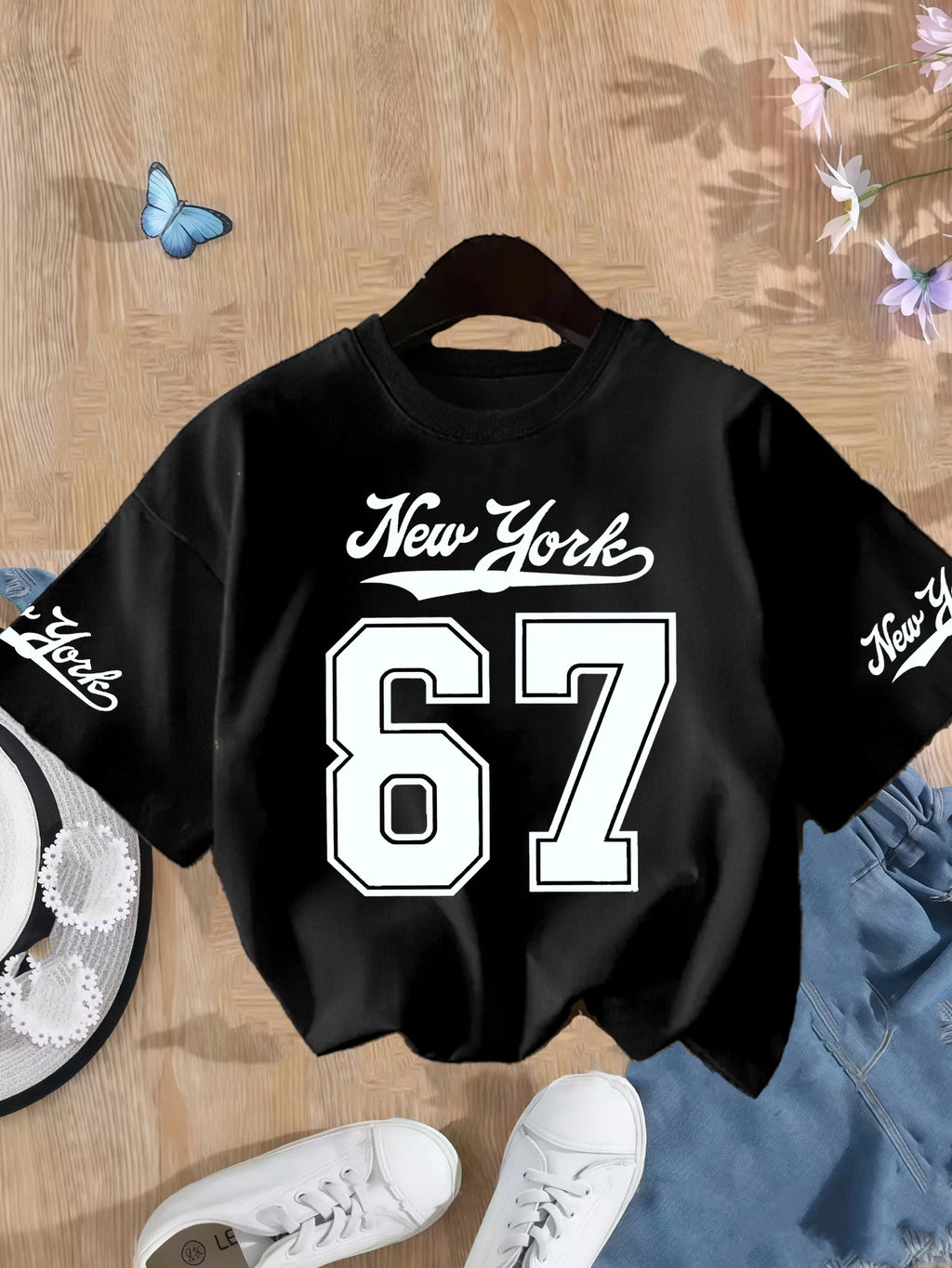 Girls' Number 67 New York Print Summer Short - Sleeve Pure Cotton T-Shirt Pink Elastic Round Neck Children's Top Fashion Design - lily supply