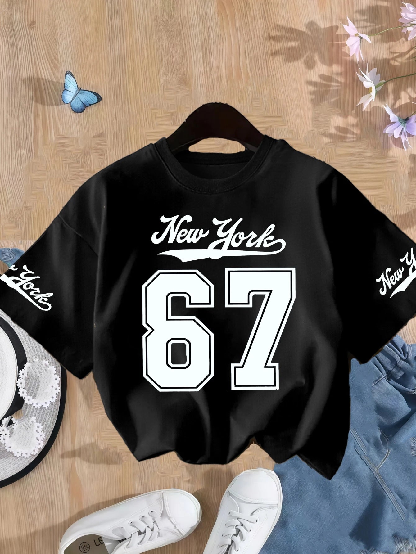 Girls' Number 67 New York Print Summer Short - Sleeve Pure Cotton T-Shirt Pink Elastic Round Neck Children's Top Fashion Design - lily supply