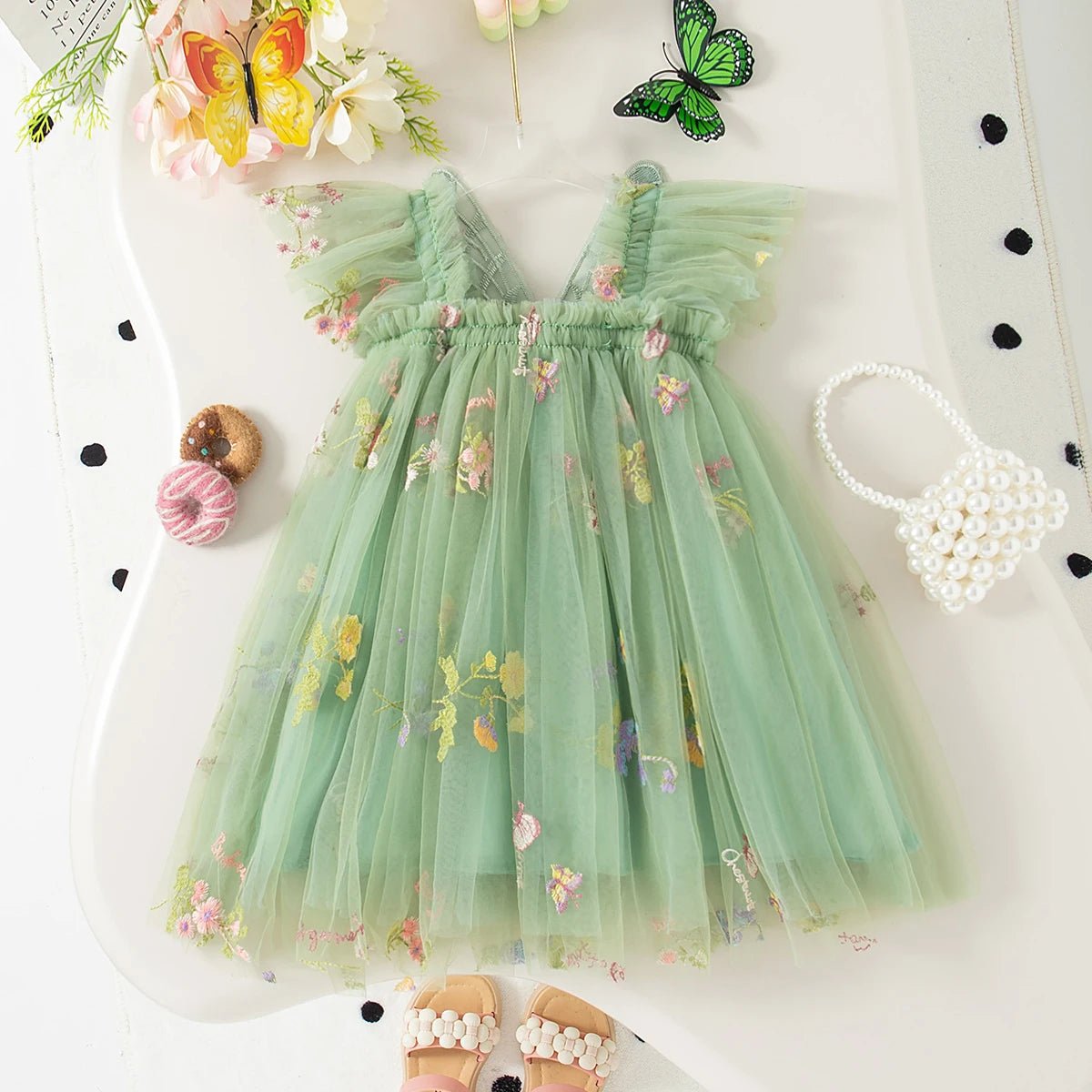 Girls Floral Mesh Summer Dress | Baby Girl Wedding Party Dress 9M - 4Y - lily supply