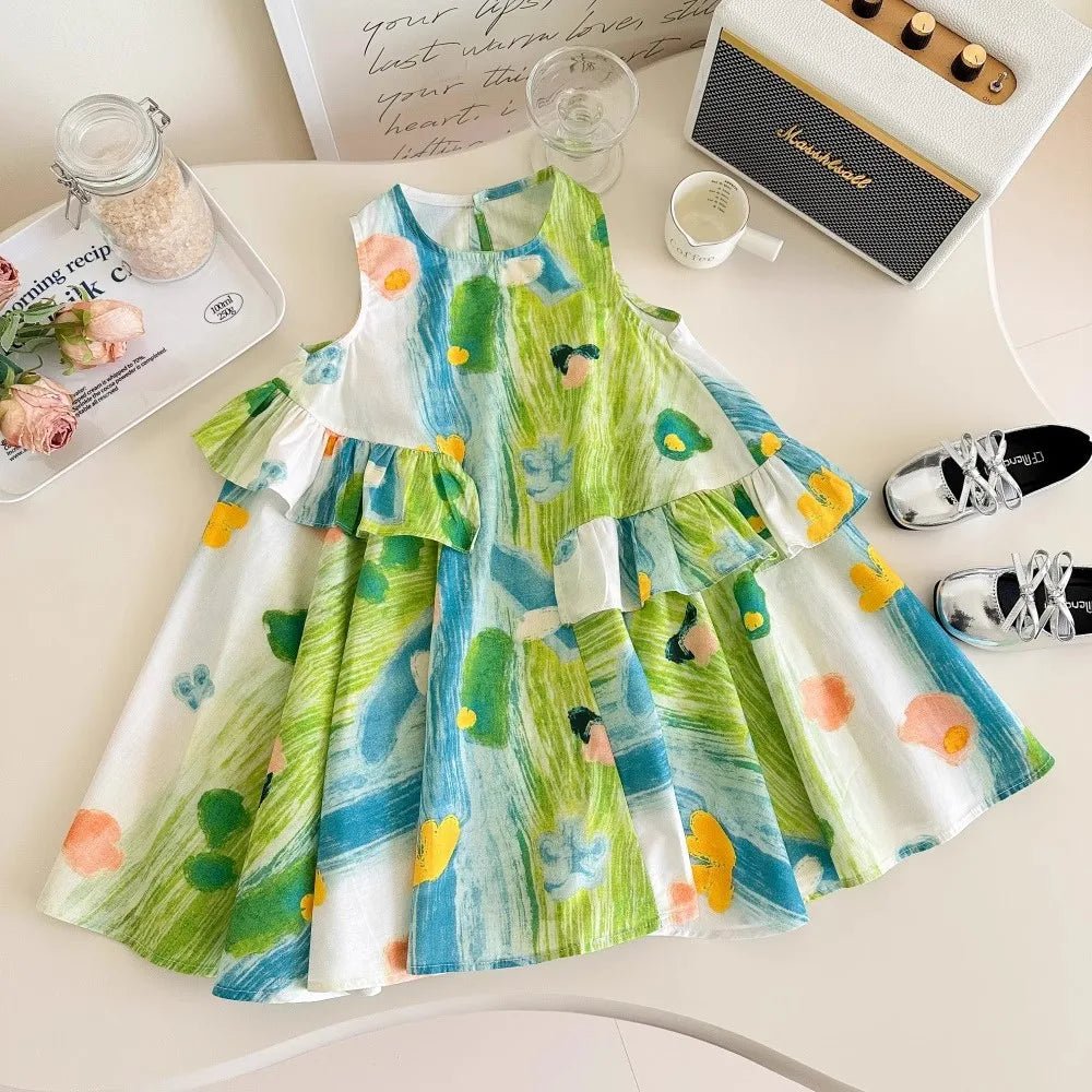 Girls Floral Ruffled Sleeveless Casual Dress | Summer Kids Dress Ages 4 - 7Y - lily supply