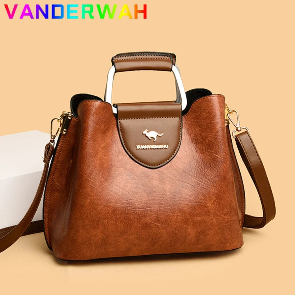 Women's 3-Layer Oil Skin Leather Luxury Designer Crossbody Tote Bag