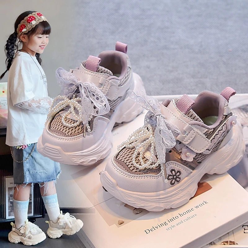Girls Princess Sneakers Sweet Lace Beading Bows Children Sports Shoes Mesh Breathable 2025 Autumn New Kids Running Shoes Soft - lily supply