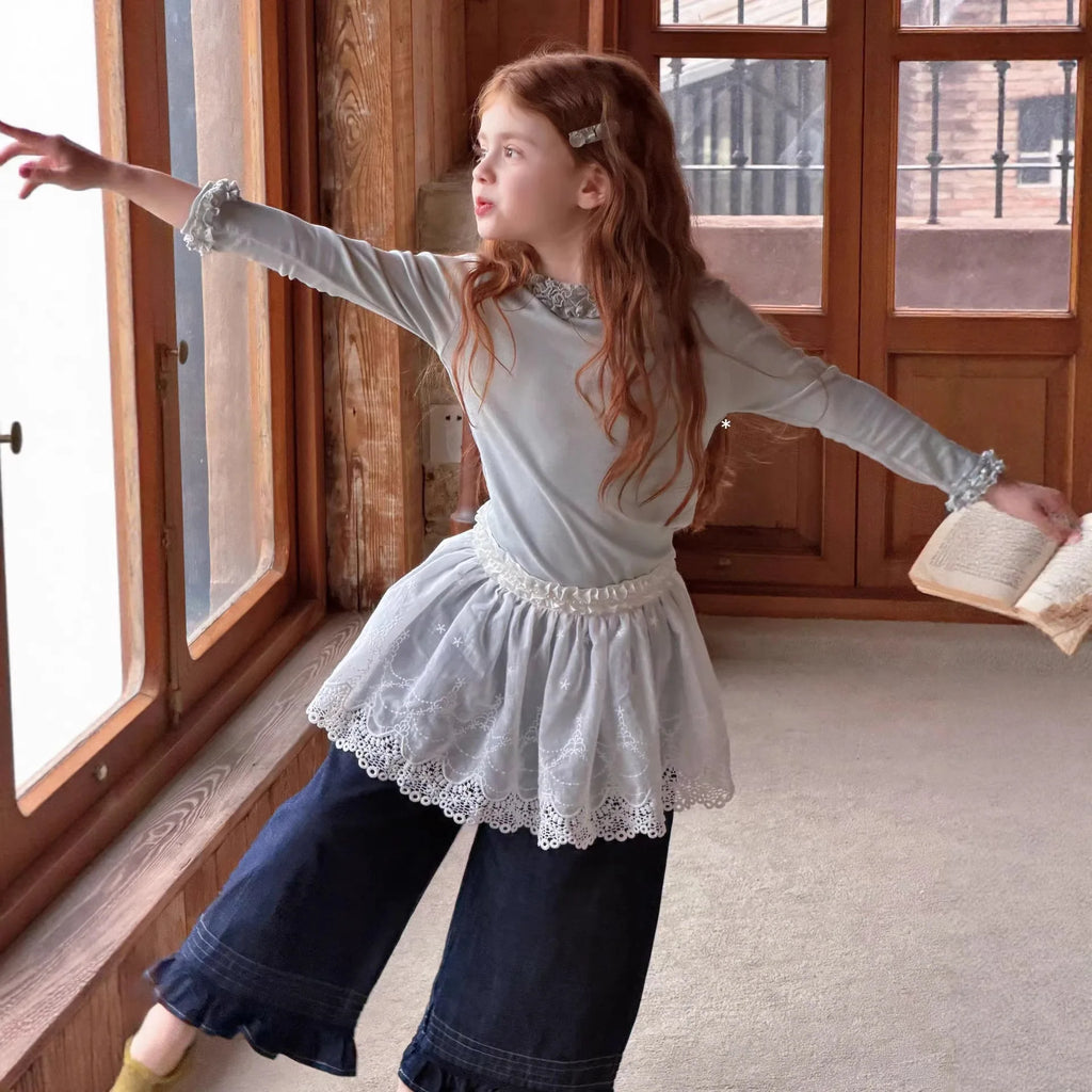 Girls Lace Base T-shirts 2026 Spring and Autumn New Girls Solid Long Sleeve Top Versatile Base Top - lily supply