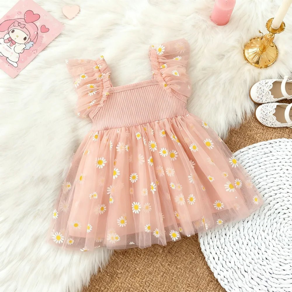Girls Daisy Print Tulle Summer Dress | Cute Princess Baby Girl Dress 6M - 3Y - lily supply