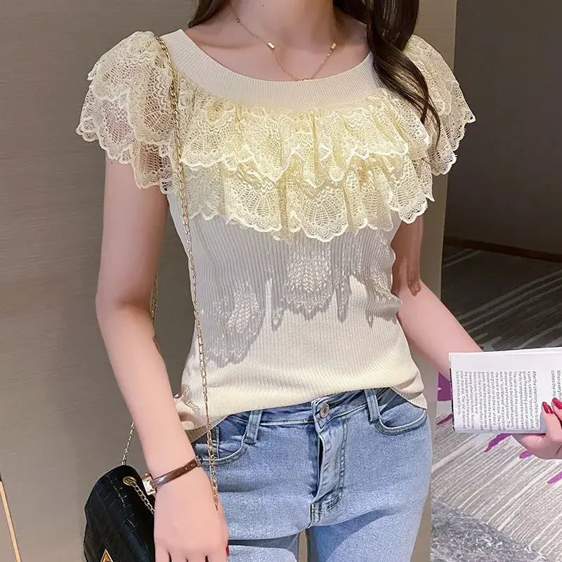 Women's Casual Lace T-Shirt Korean Fashion