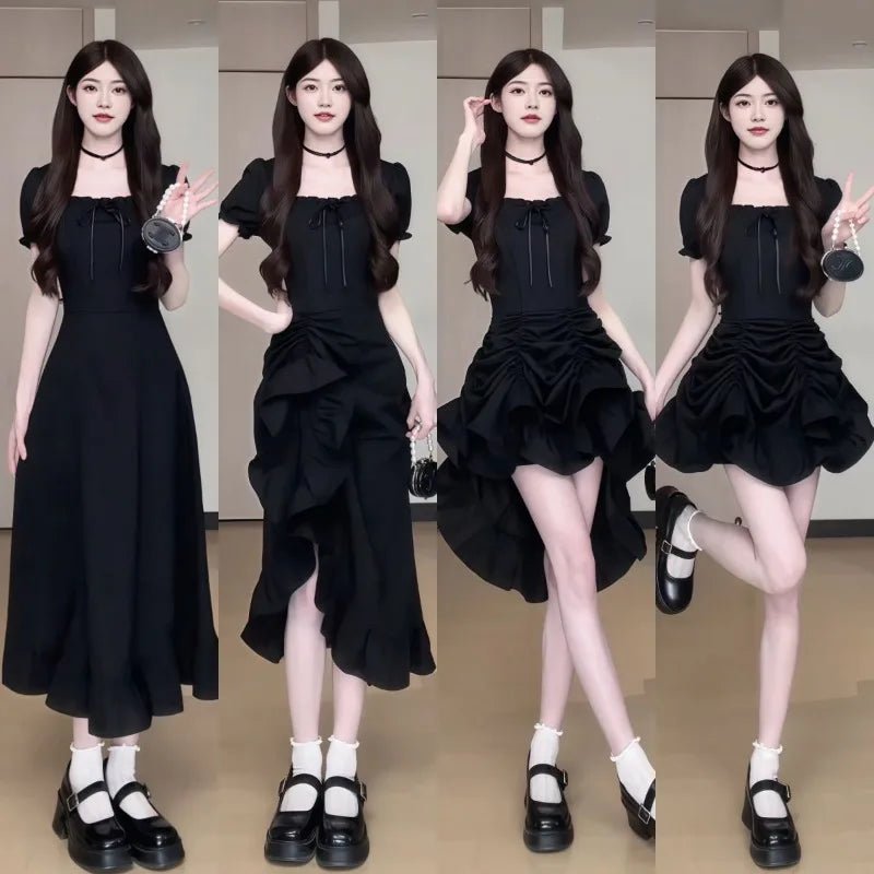 Women's Fashion 1 Dress Four Wear Method Lady Graceful Retro Square Collar Short Sleeve Black Dresses 2025 New Dinner Party Gown - lily supply
