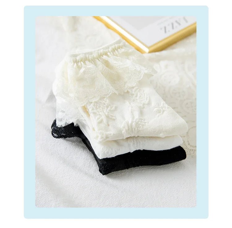 Women's Lolita Lace Ruffle Mesh Socks - Black White Sweet Japanese Fashion - lily supply