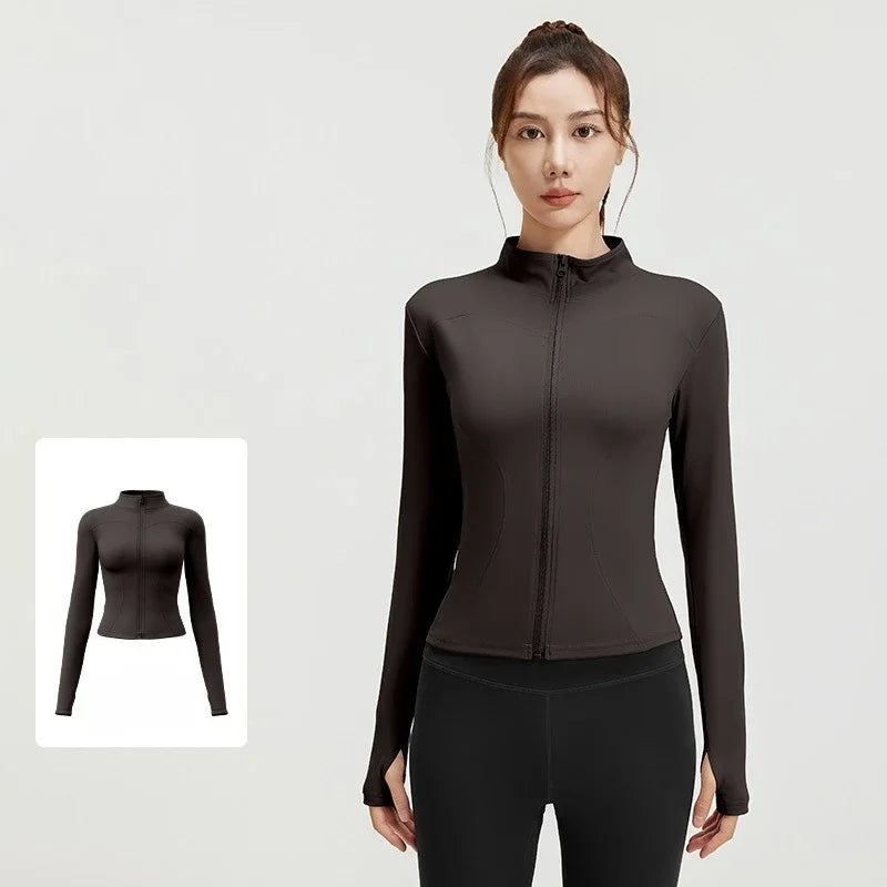 Women's Slim Yoga Running Zip Jacket - Long Sleeve Quick Dry Stand Collar Coat