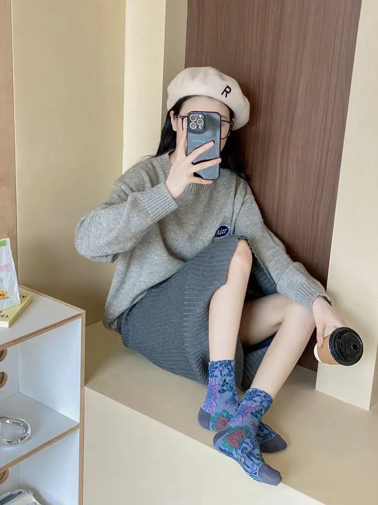Women's Floral Embossed Harajuku Cotton Long Socks – Textured Knee Socks - lily supply