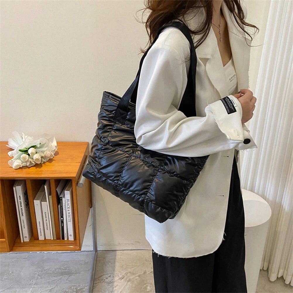 Women's Quilted Rhombus Cotton Padded Tote Bag - Large Capacity Shopping Bag - lily supply