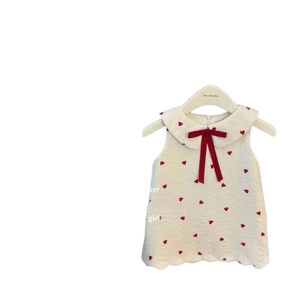 Girls Sweet Heart Print Doll Neck Tank Dress | Korean Style Cotton Summer Dress Ages 3 - 8Y - lily supply