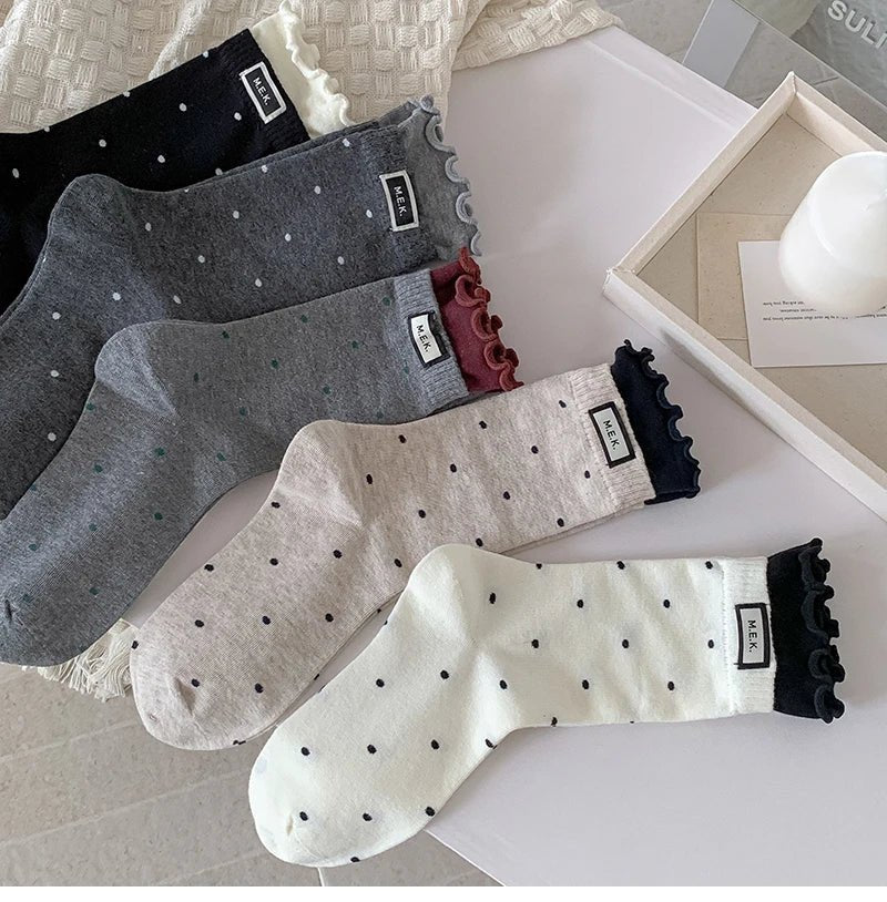 Women's Frilly Dots Preppy Long Cotton Socks – Sweet Knee High Socks - lily supply