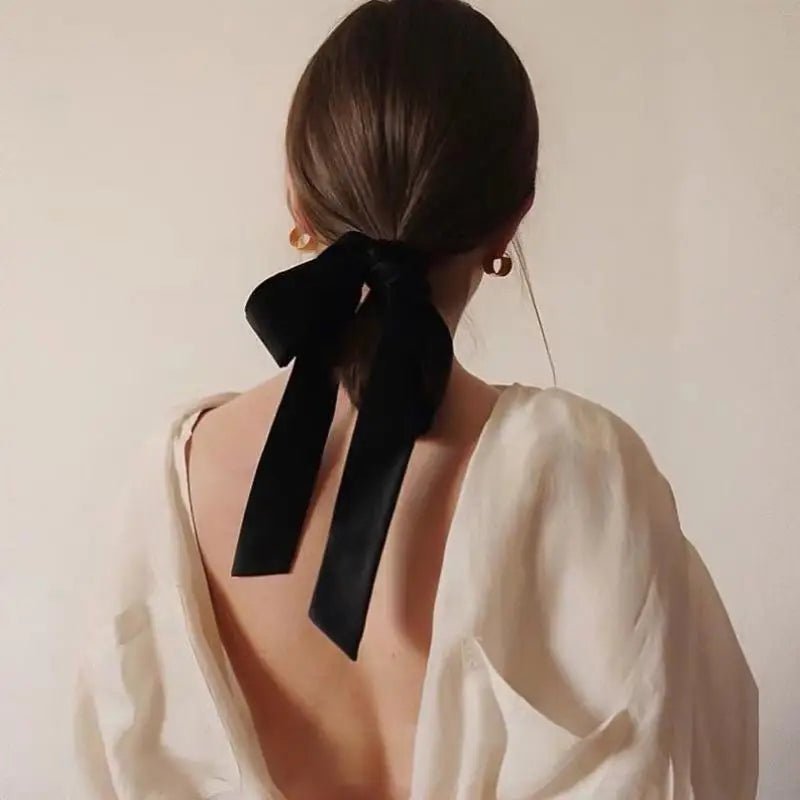 Vintage Black Velvet Bow Hair Ribbon Scrunchie - Long Elastic Hair Tie - lily supply