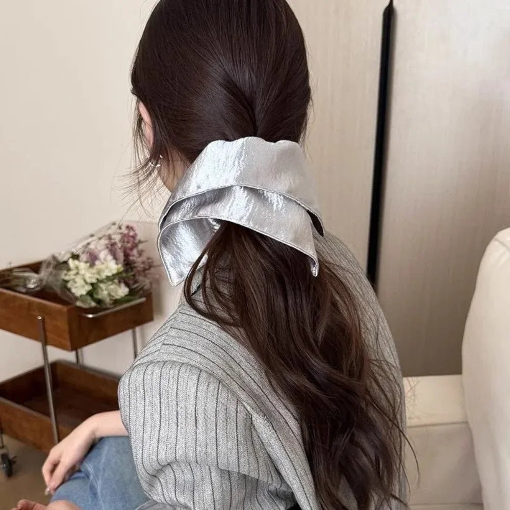 Korean Silver Square Shiny Fabric Scrunchie - Oversized Retro Ponytail - lily supply