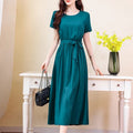 New Fashion Summer Dresses For Women 2025 Elegant Casual Short Sleeve Midi Dress Soild Colour Women Clothing - lily supply