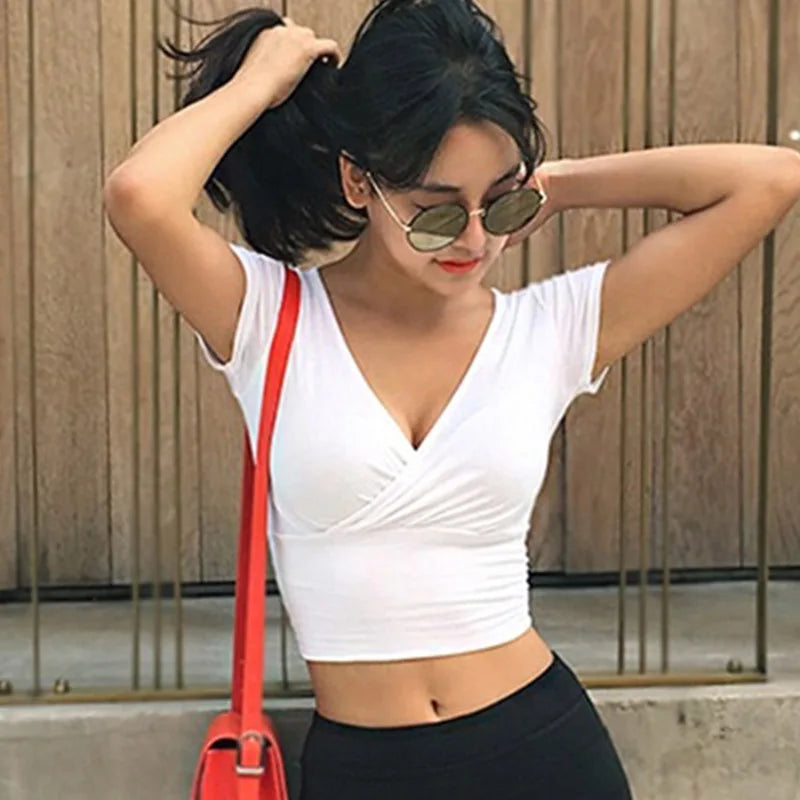 Women's Low Cut Cross Wrap Crop Top - Short Sleeve Slim Tee