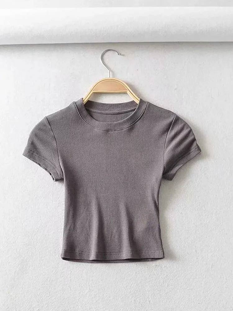 Women's O-Neck Slim Elastic Skinny Crop Top