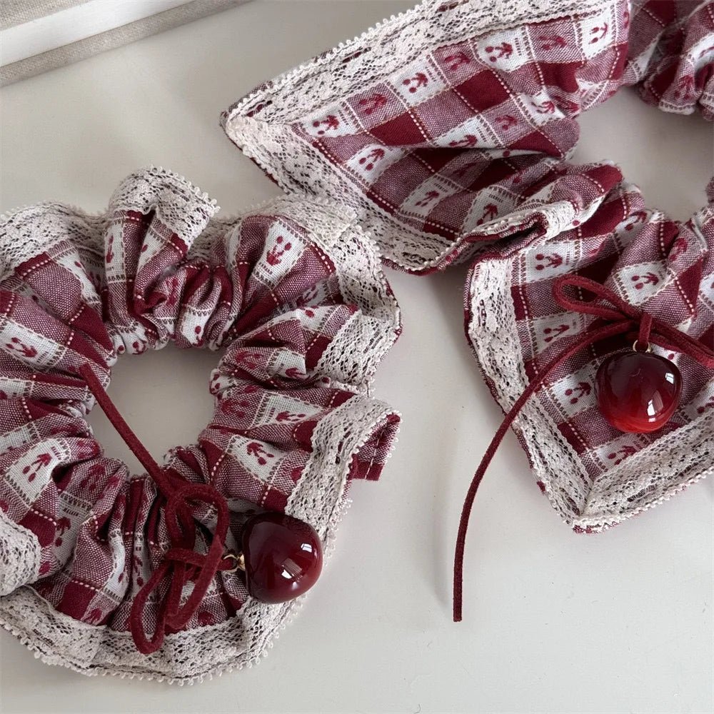 Red Check Cherry Lace Scrunchie - Sweet Square Scarf Hair Rope - lily supply