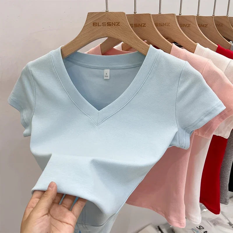 Women's Cotton V-Neck Slim Crop T-Shirt