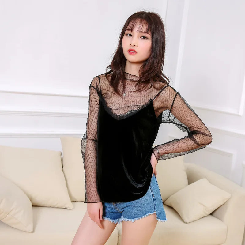 Women's Sheer Lace Mesh Long Sleeve Shirt