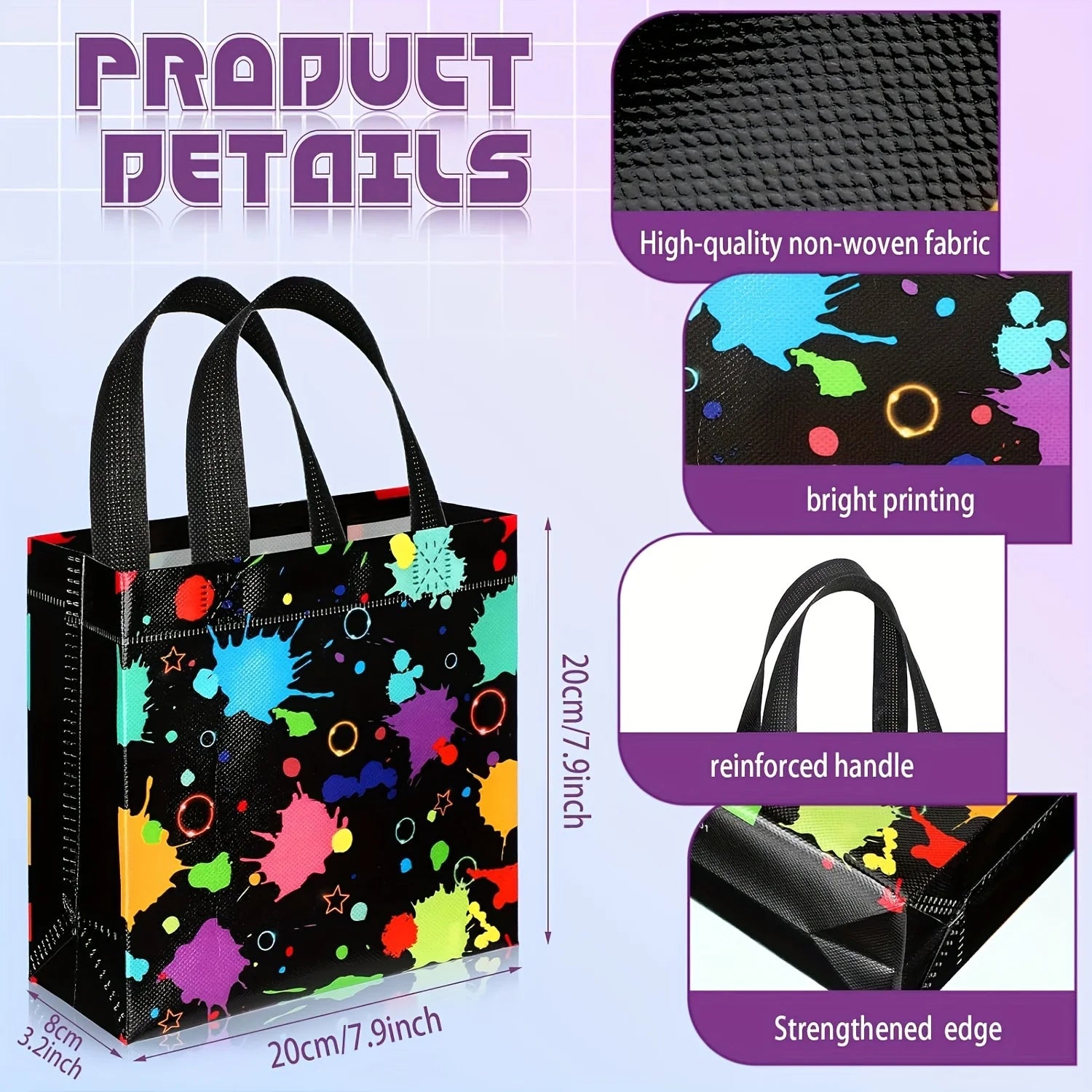 10pcs Neon Print Non-Woven Tote Bags with Handle - Reinforced Edges