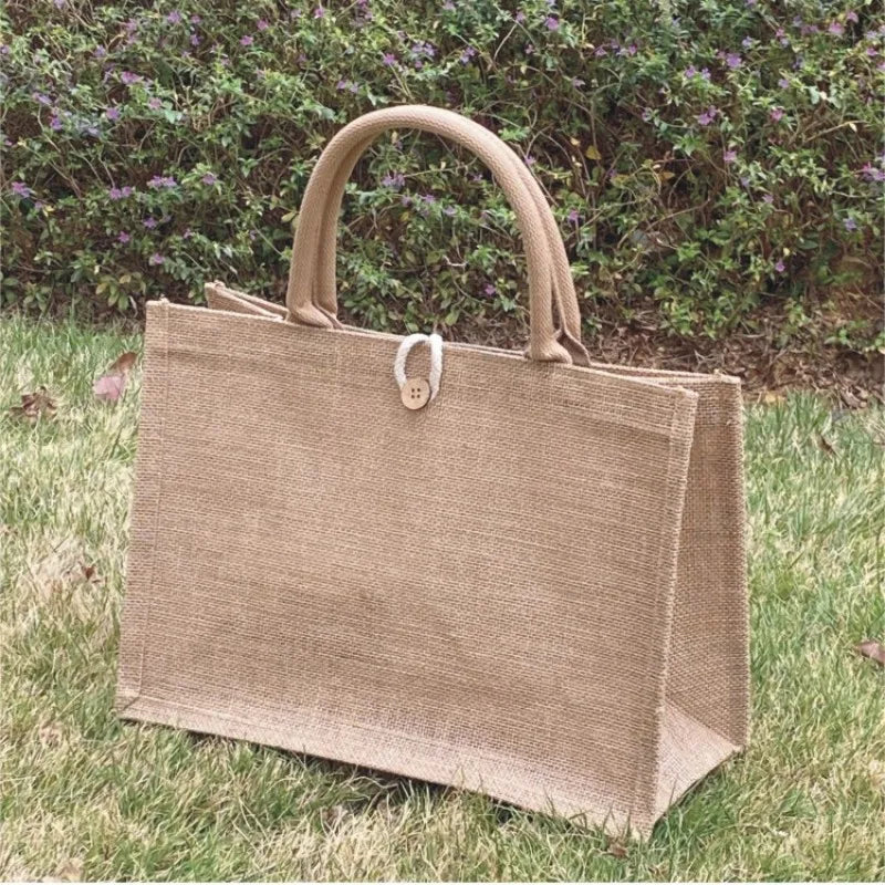 Women's Linen Burlap Beach Tote Bag - Eco Portable Shoulder Handbag