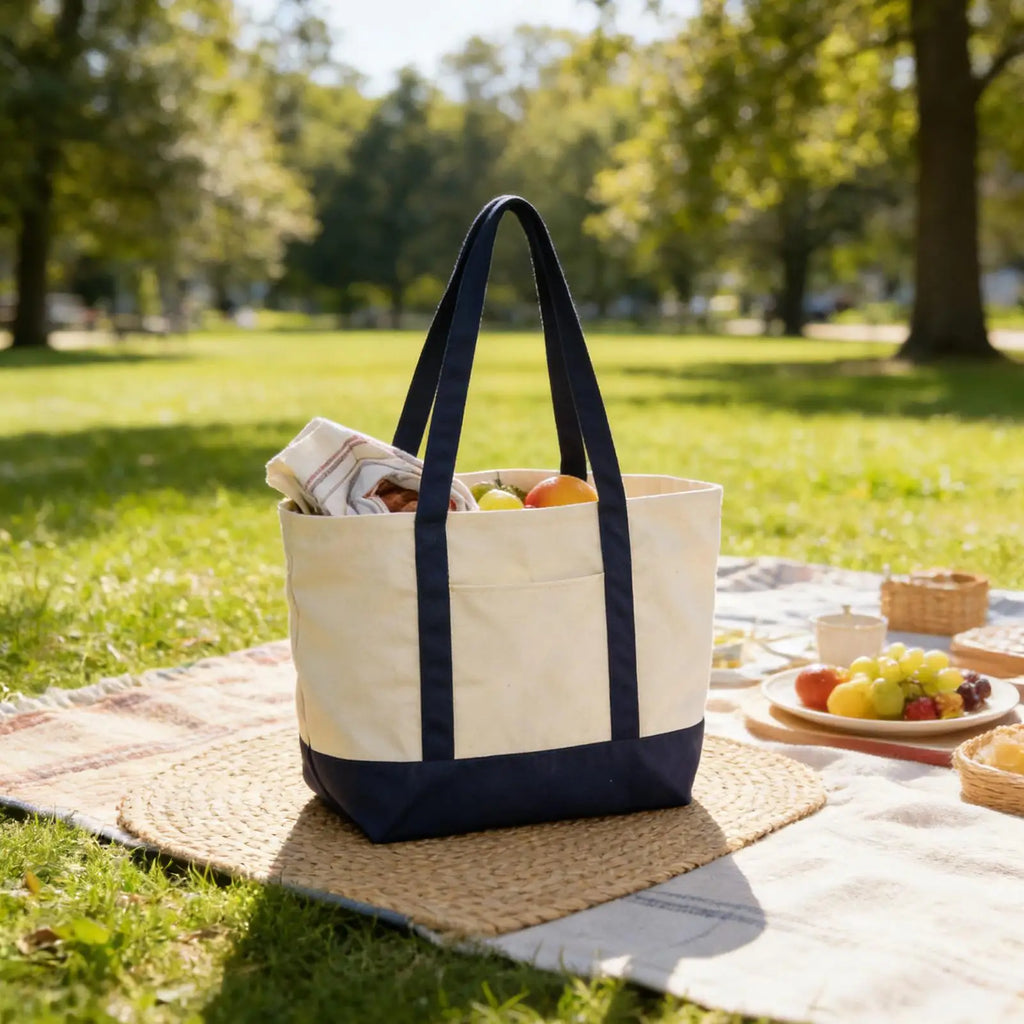 Large Canvas Tote Bag - Reusable Grocery Shopping Bag with Embroidery Handle - lily supply
