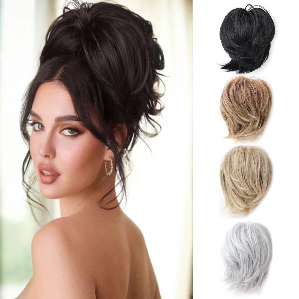 Short Straight Synthetic Messy Bun Hair Extensions - Elastic Scrunchies - lily supply