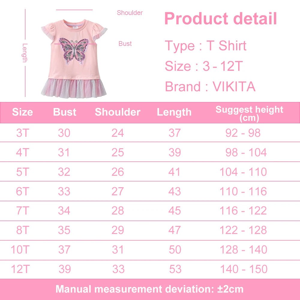 Girls Pink Flare Sleeve T Shirt Kids Sequined Colorful Butterfly Appliqued Ruffle Tees Kids Parties Casual Outings Cotton Tops - lily supply