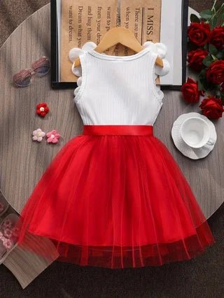 Girls' Spring and Summer Fashion Color - Block Sleeveless Dress with 3D Floral Embellishments, Tulle Skirt and Bow Accents - lily supply