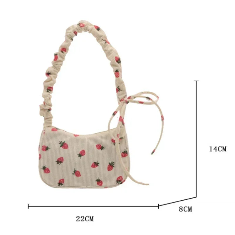 Women's Corduroy Strawberry Mini Shoulder Bag - Cute Half Moon Tote