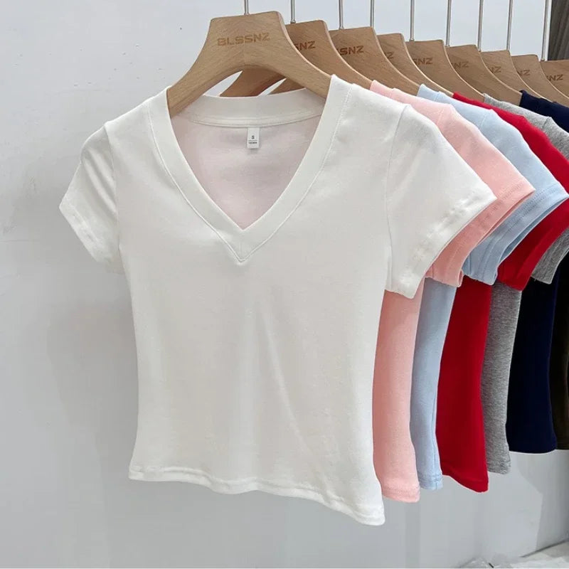 Women's Cotton V-Neck Slim Crop T-Shirt