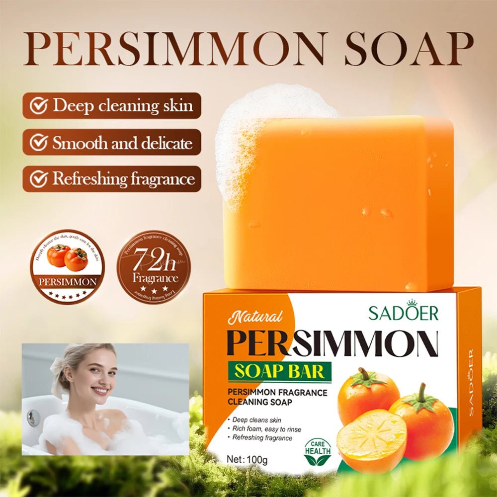 1/2PCS Persimmon Cleansing Soap Bar With Foaming Net Body Care Face Wash Exfoliating Whitening Soap Fruit Handmade Shower Soap - lily supply