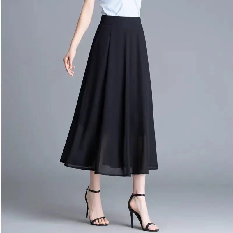 Women's Black Chiffon Maxi Skirt High Waist A-Line Flowy Pleated Casual Party Midi Skirt