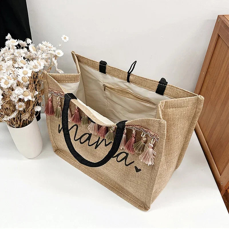 Mama Letter Print Linen Tote Bag - Large Capacity Baby Diaper Shoulder Bag