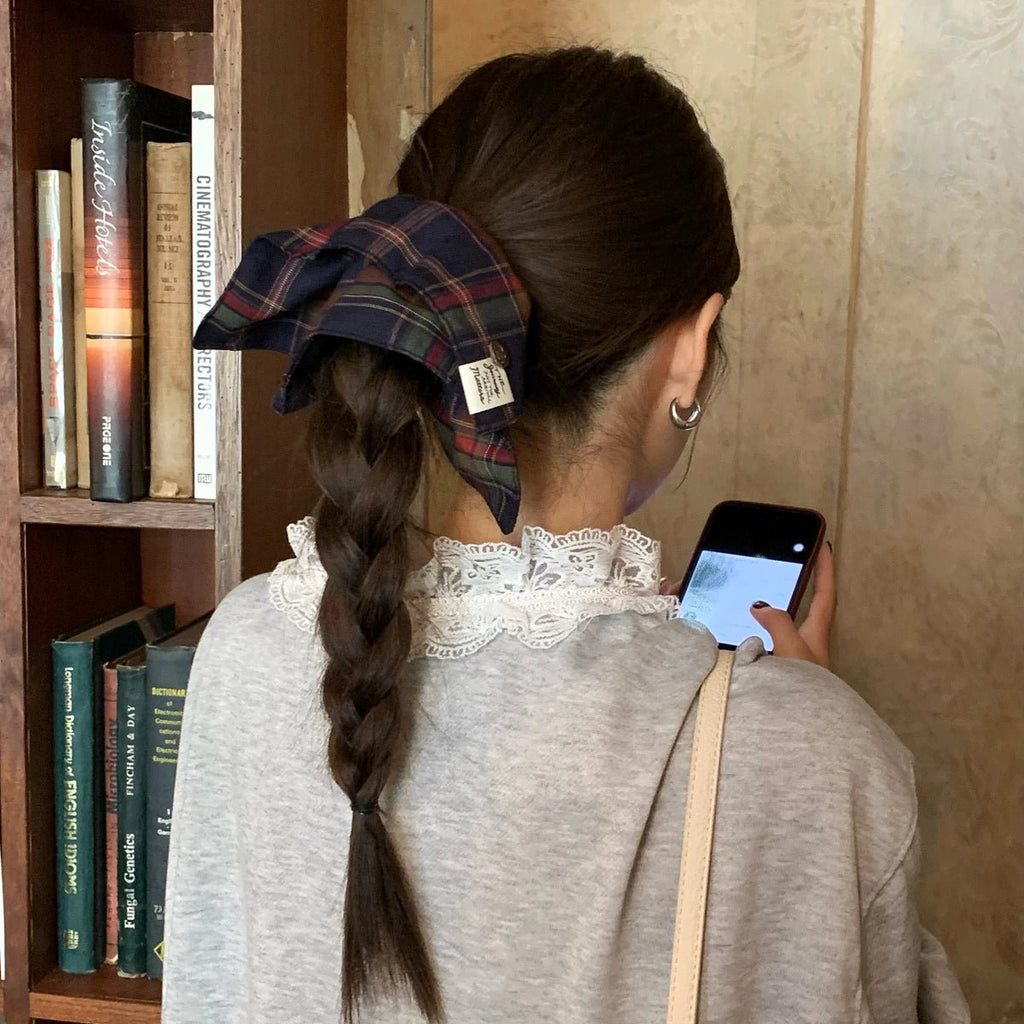 Plaid Scarf Scrunchie - British Collegiate Button Hair Tie for Low Ponytails - lily supply