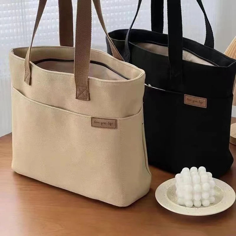 Women's 2-Layer Canvas Tote Bag - Large Capacity Student Commute Bag