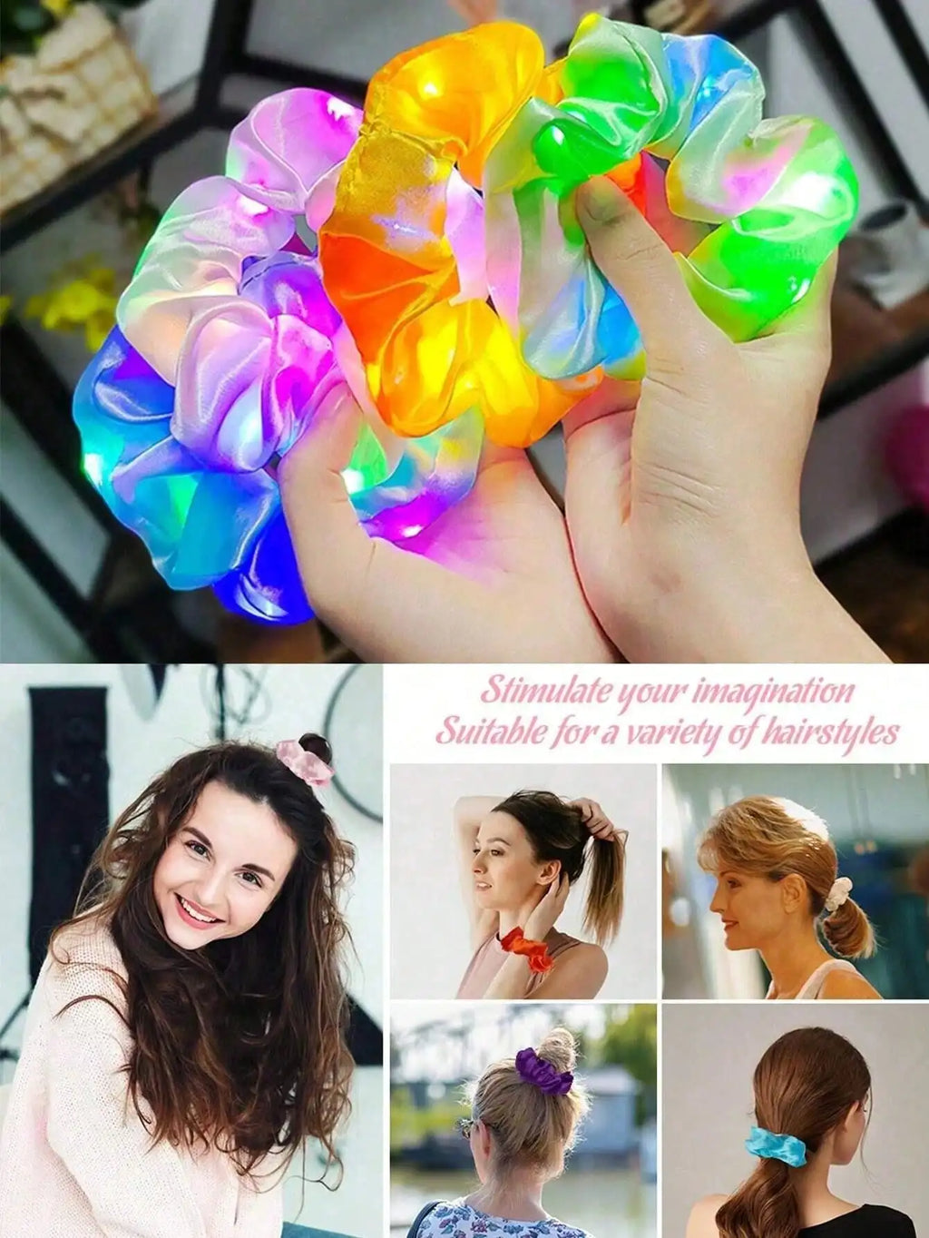 10pc LED Light Up Hair Scrunchie - Elastic Satin Party Ponytail Holder - lily supply